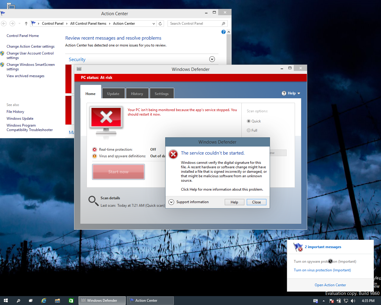 Windows 10 build 9860 Update breaks Windows Defender causing error
code 0x80070241